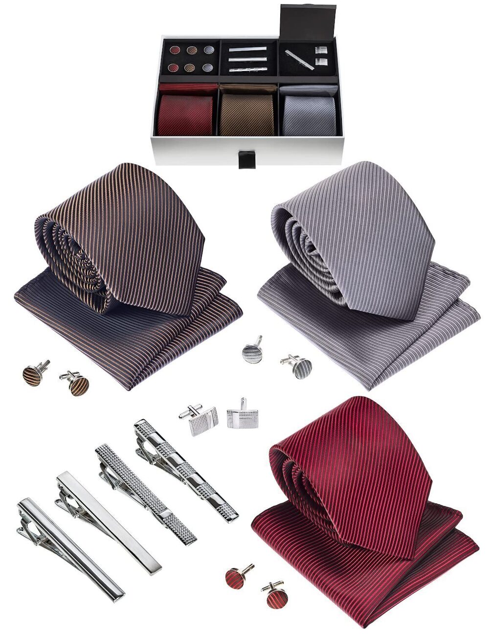 6153 Premium ’s Gift Tie Set - Silky Necktie Pocket Squares Tie Clips